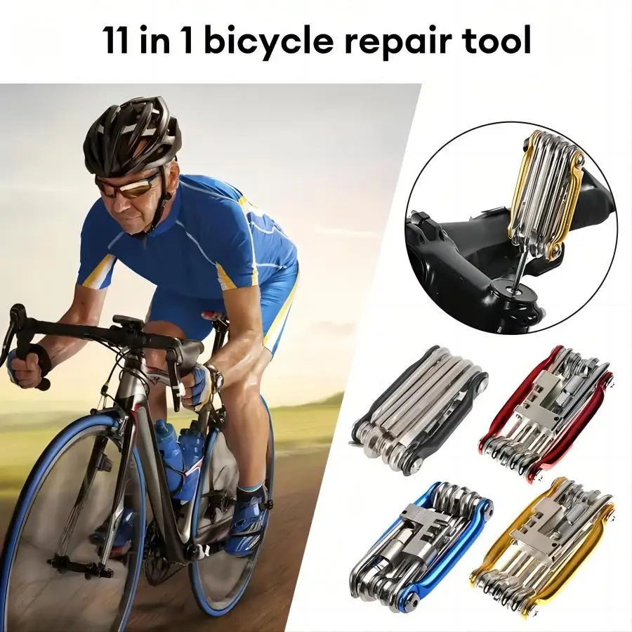 11-in-1 Bike Tool Mini Multitool Kit - Lightweight Stainless Steel Tool Wrench, Screwdriver, Chain, Hexagon Wheel Spoke