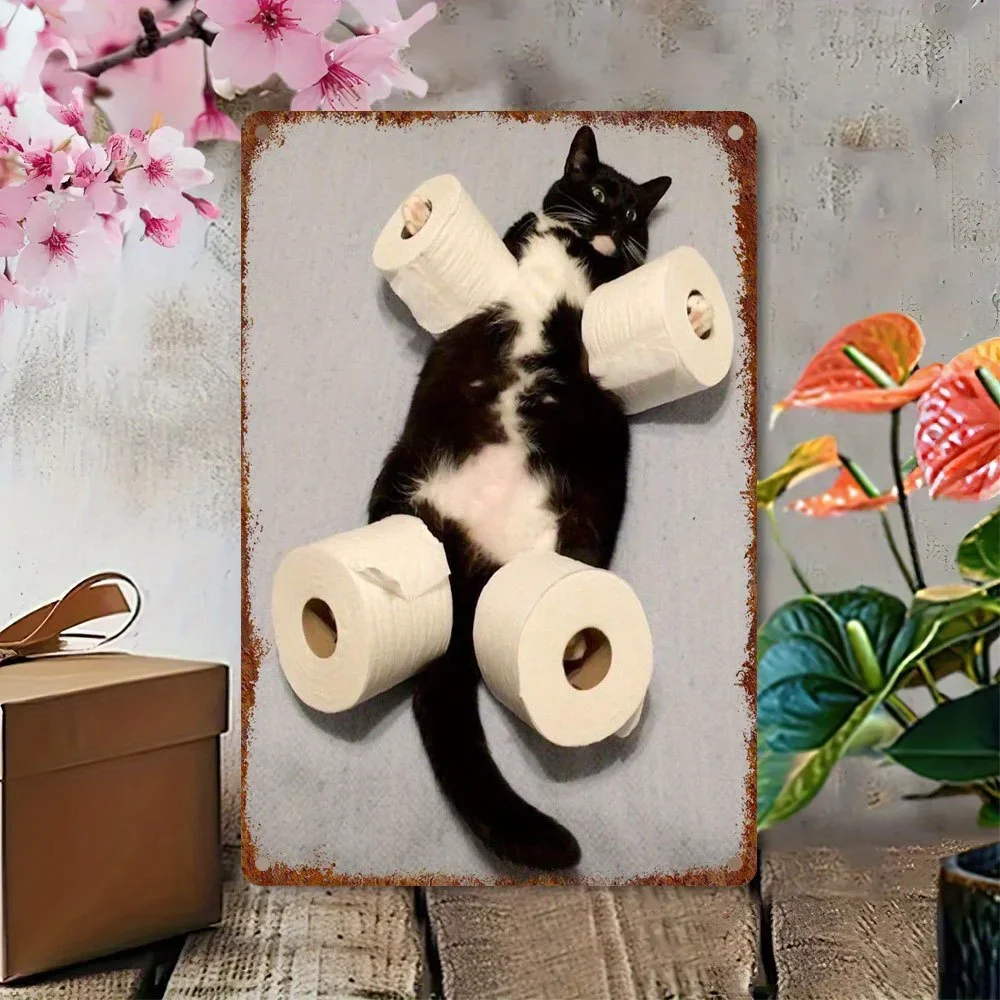 Vintage Toilet Paper Cat Iron Metal Tin Sign 8x12inch Funny Bathroom Wall Decor Plaque