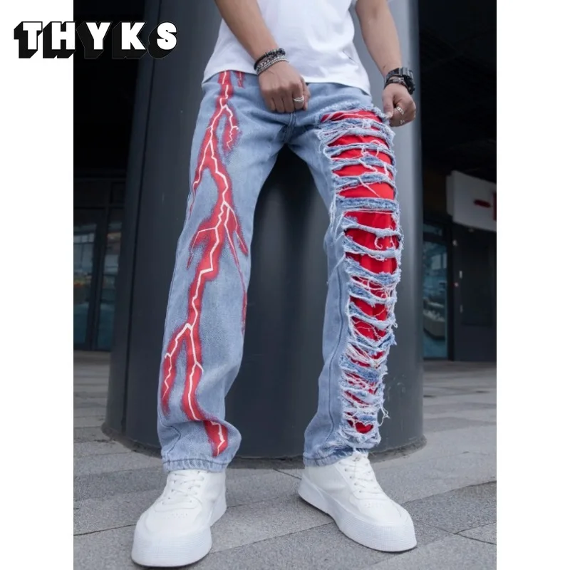 Men‘s Lightning Printed Jeans Spring Y2k Ripped Jeans Hip Hop Casual Streetwear Men Pants Slim Stretch Pantalones Homme Autumn