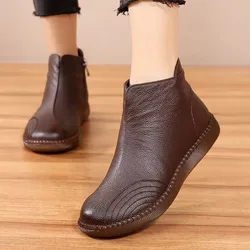 2025 New Autumn Winter Handmade Genuine Leather Women's Ankle Boots Lady Soft Flat Shoes Comfortable Casual Black Boots Big Size
