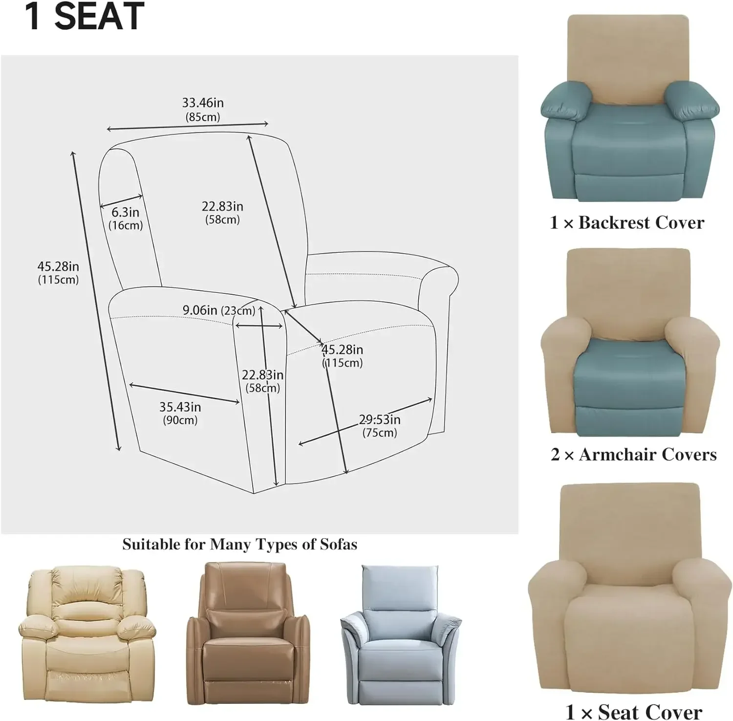 Stretch Recliner Chair Covers 1-Seater Thick Jacquard Recliner Chair Cover Arm Sofa Slipcover Pet Protector Removable Washable