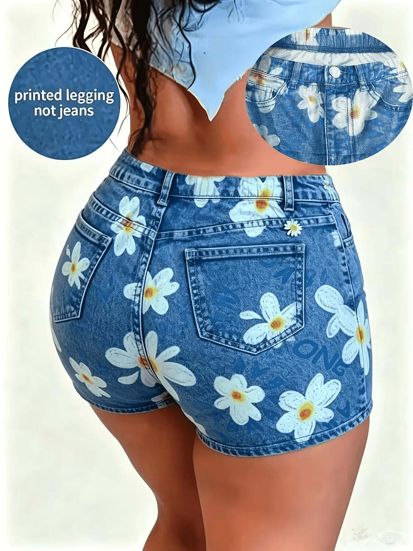 Printed Legging - Not Denim Fabric All-over Faux-Denim Printed 3-Inch Shorts with Faux Pocket and Button Print Details. New-a
