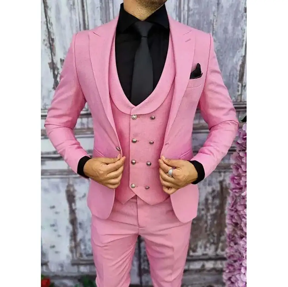 

High-end Slim Pink Men Suit Three Pieces(Jacket+Pants+Vest) Lapel Outfits Chic Casual Party Prom Wedding Set