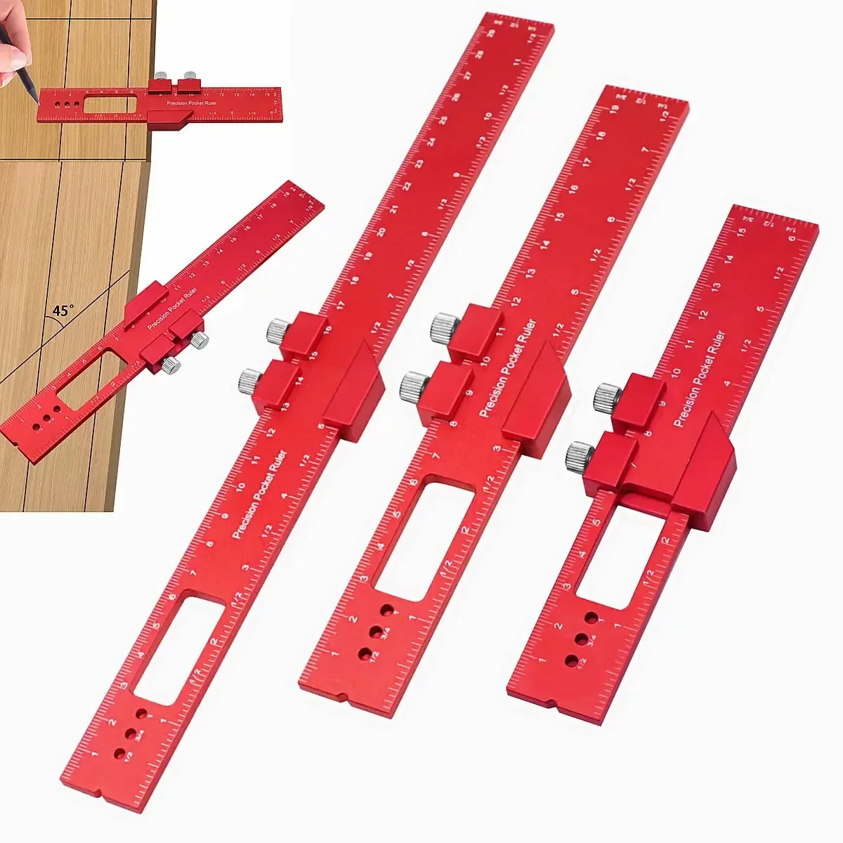 

Precision T Type Pocket Ruler Inch Metric Measuring Tool with Slide Stop for Carpentry Marking