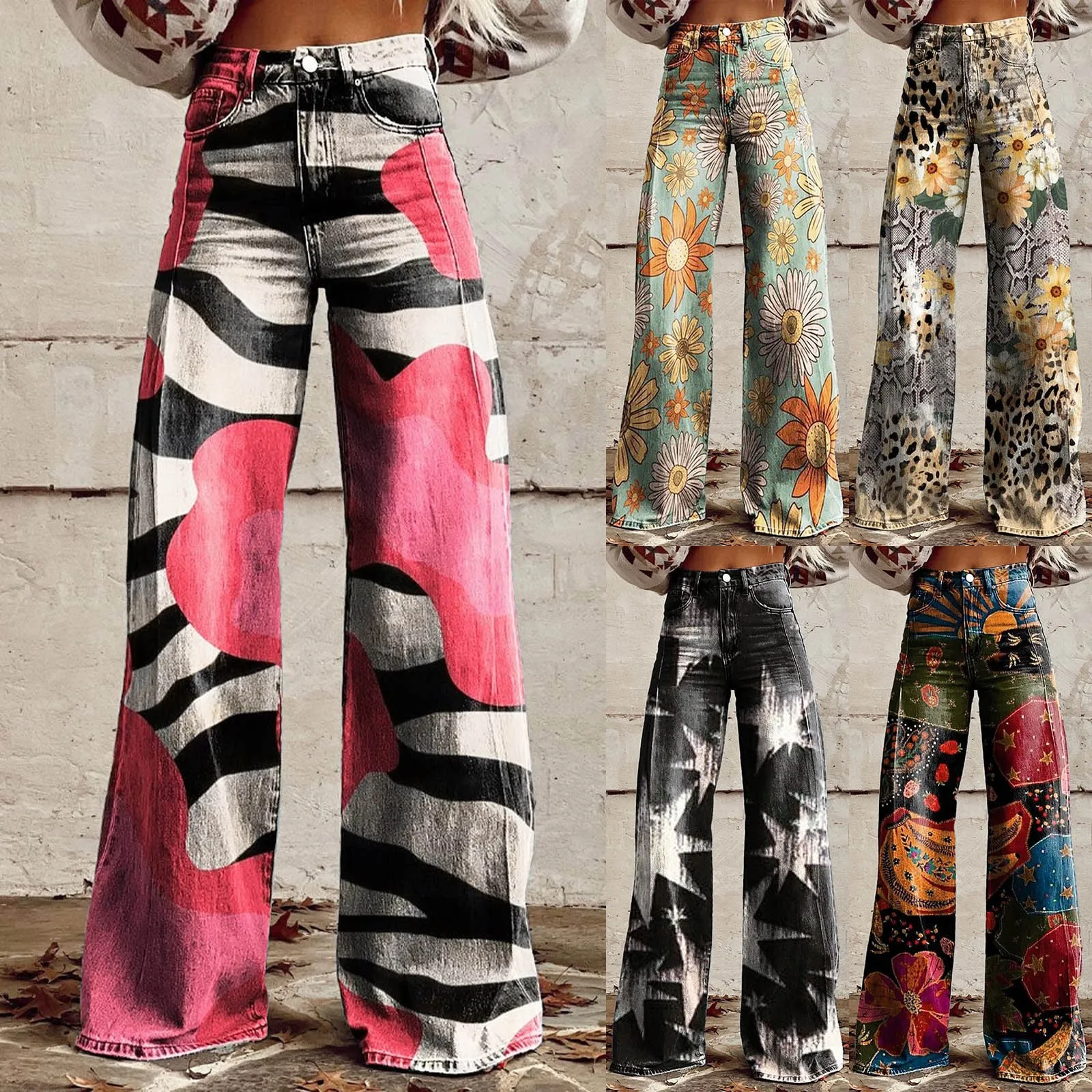 Calças femininas calças de perna larga digital floral impressão calças de perna larga para mulher com bolsos retro mid-rise botão zíper pant