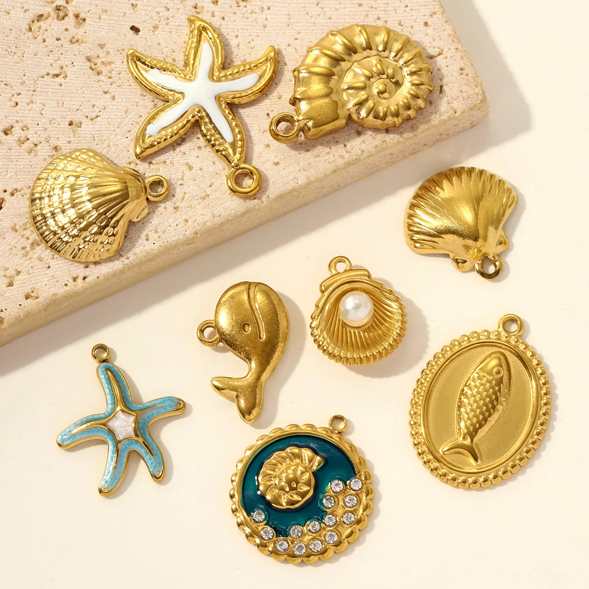 5pcs/Lot Stainless Steel Rhinestone Conch Starfish DIY Earring Charms Whale Shell Necklace Pendants Woman Fish Jewelry Wholesale