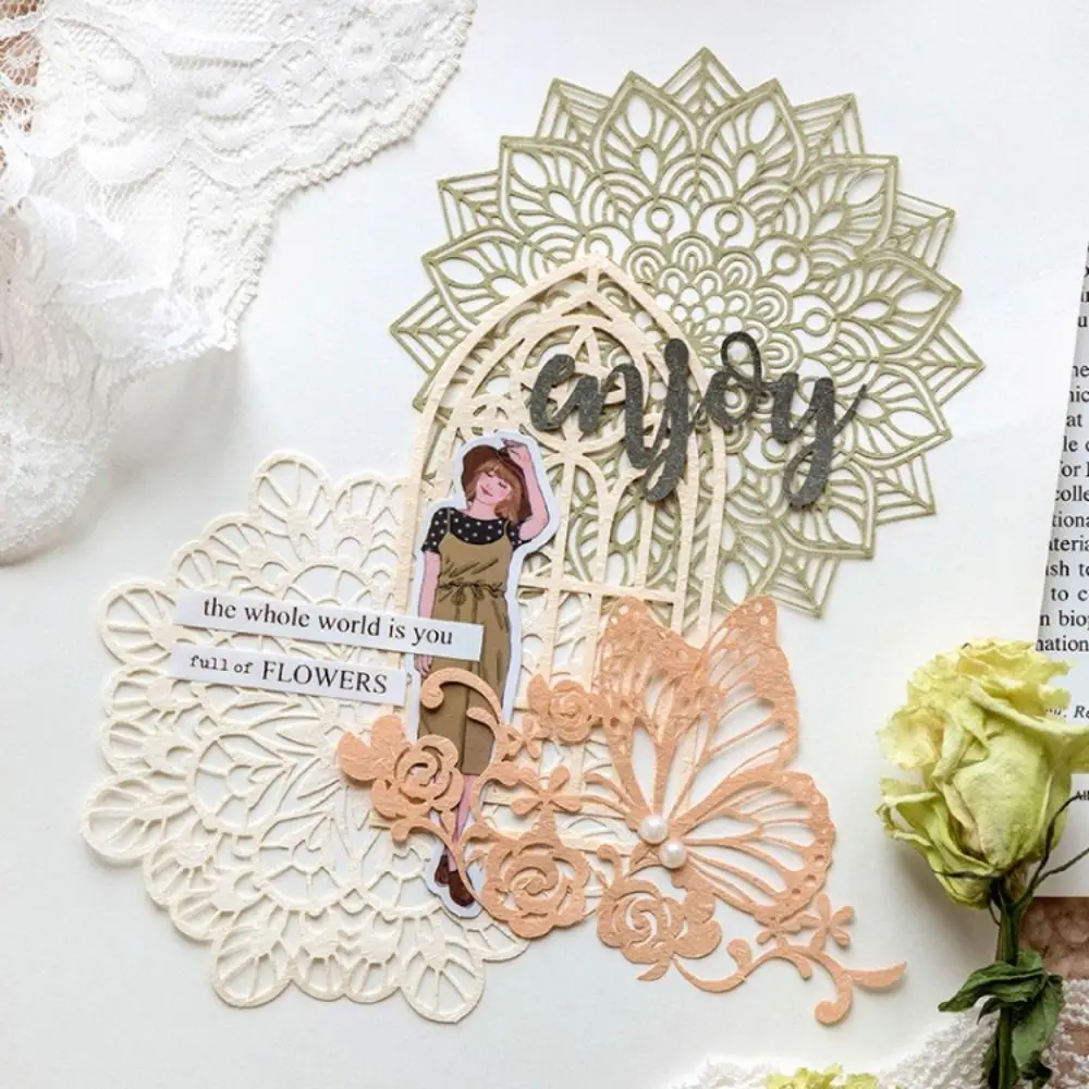 10pcs/Pack Vintage Lace Paper Cutout Design Hollow Out Texture Craft Paper Pack Large Size DIY Handmade