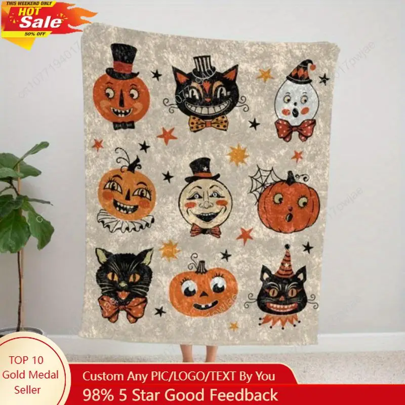 

Vintage Inspired Black Cat Crushed Velvet Blanket [Cozy Retro Halloween Blanket] Cozy Throw for Halloween Custom blankets