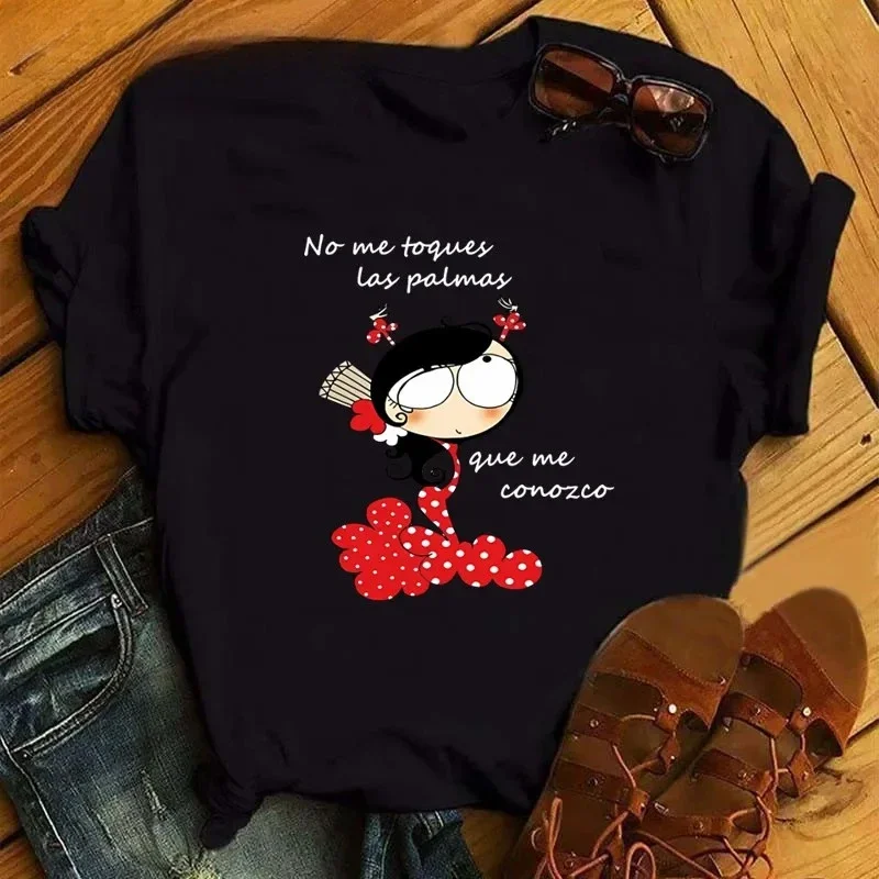 Flamenco Dance Cartoon Girl Print Ladies T-shirt Ladies Fashion Round Neck Tops Cute T-shirt Ladies Beautiful Clothing Harajuku