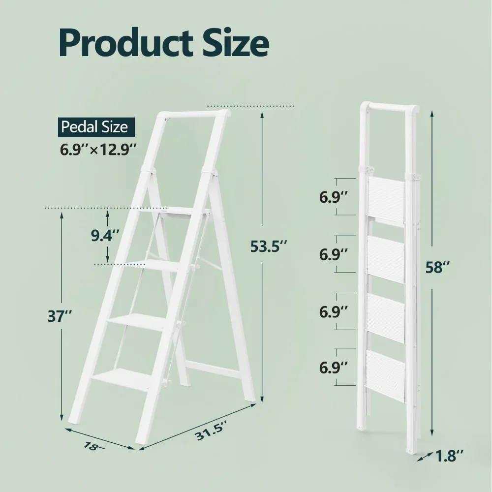 4 Step Folding Ladder with Wide Anti-Slip Pedals, Lightweight Portable Kitchen Step Stool with Handgrip, Capacity 300 Pounds