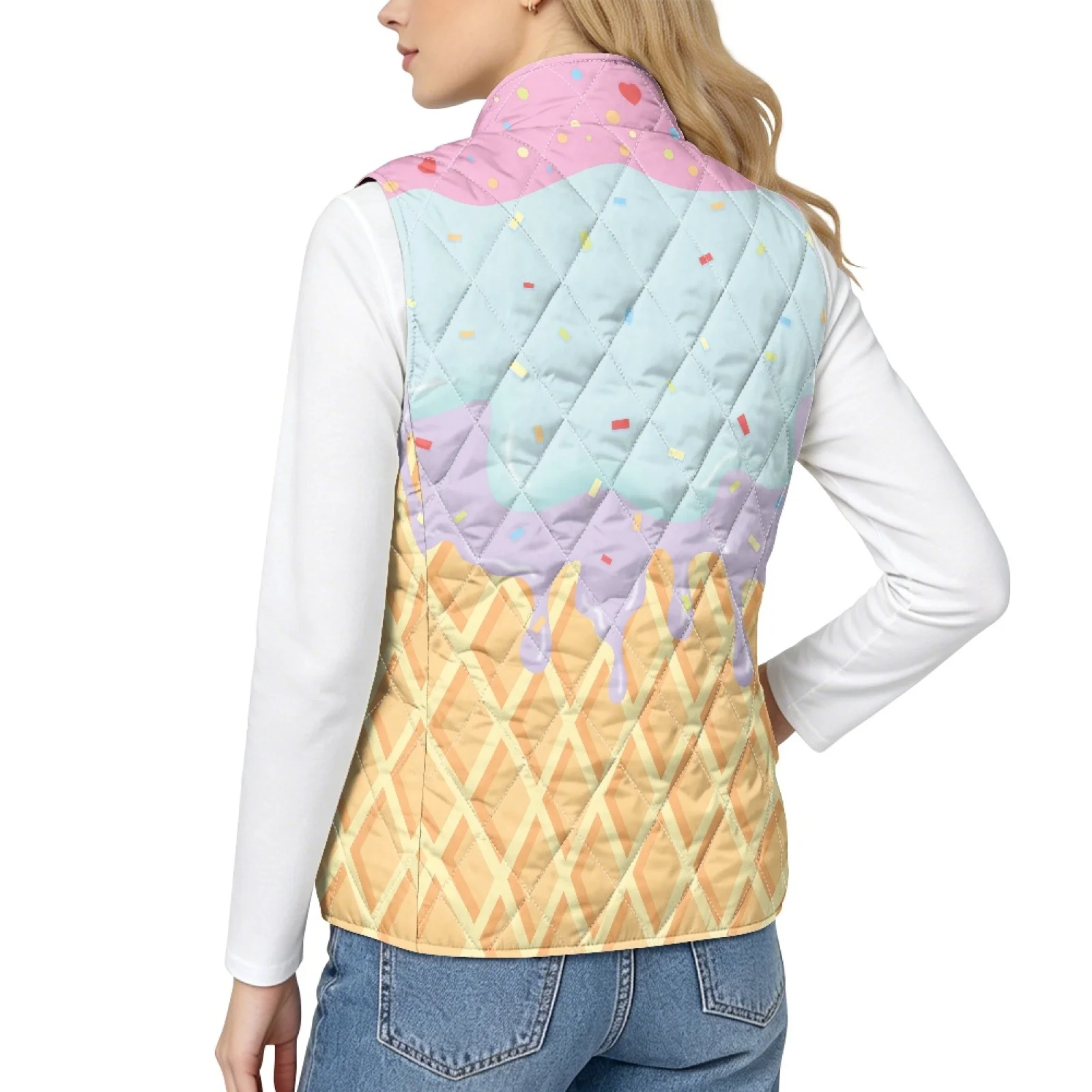 PENSTROLL Ice Cream Cone Women's Quilted Jacket Vest Diamond Quilted Vest Women Full Zip Women's Vest for Fall Daily Wear