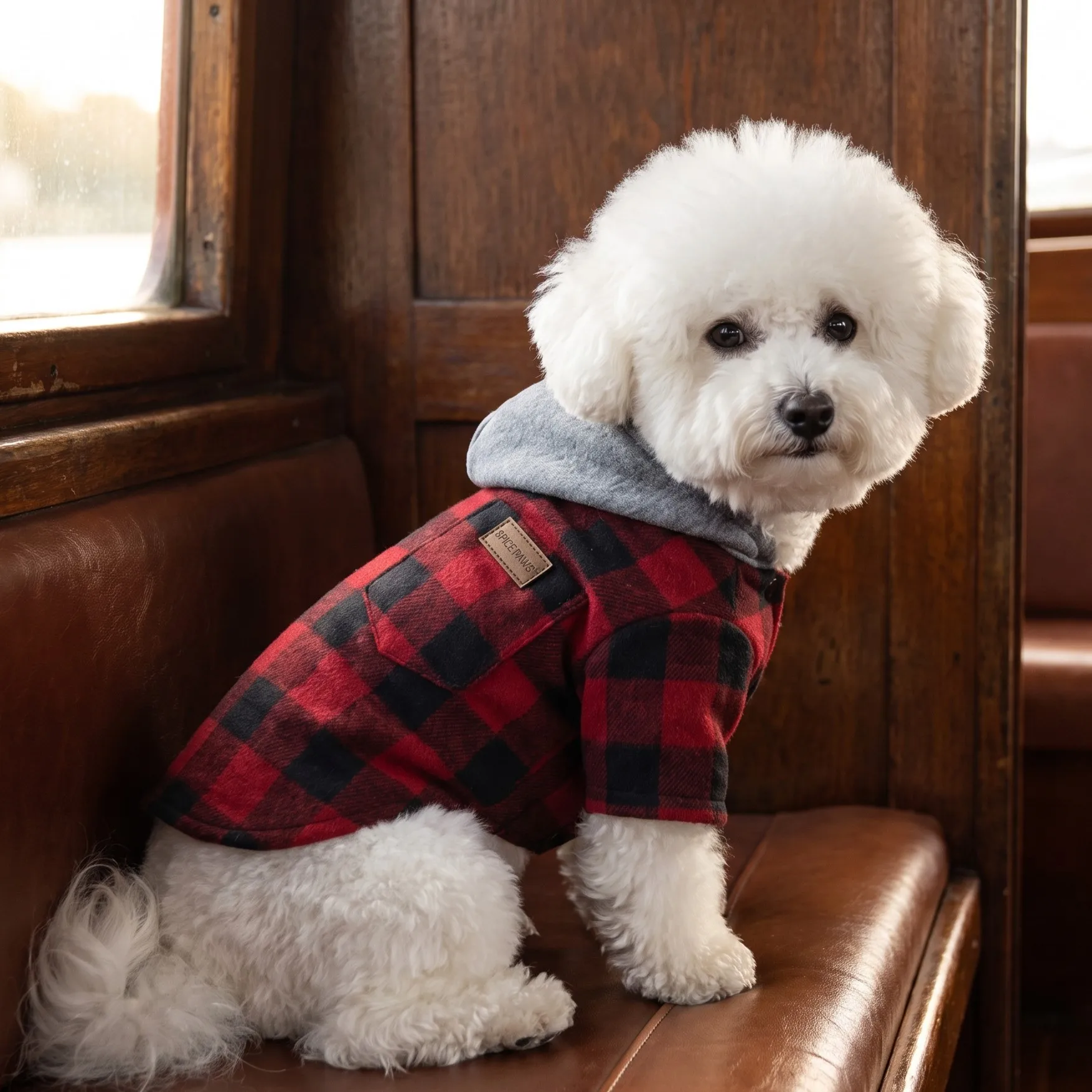 Kleidung für Hunde im Karomuster, Kapuzenjacke für Haustiere, Strickjacke mit Knöpfen für Hunde, Karo-Kapuzenjacke für Haustiere, Oberteil für Hunde mit Tasche. – Detail 6
