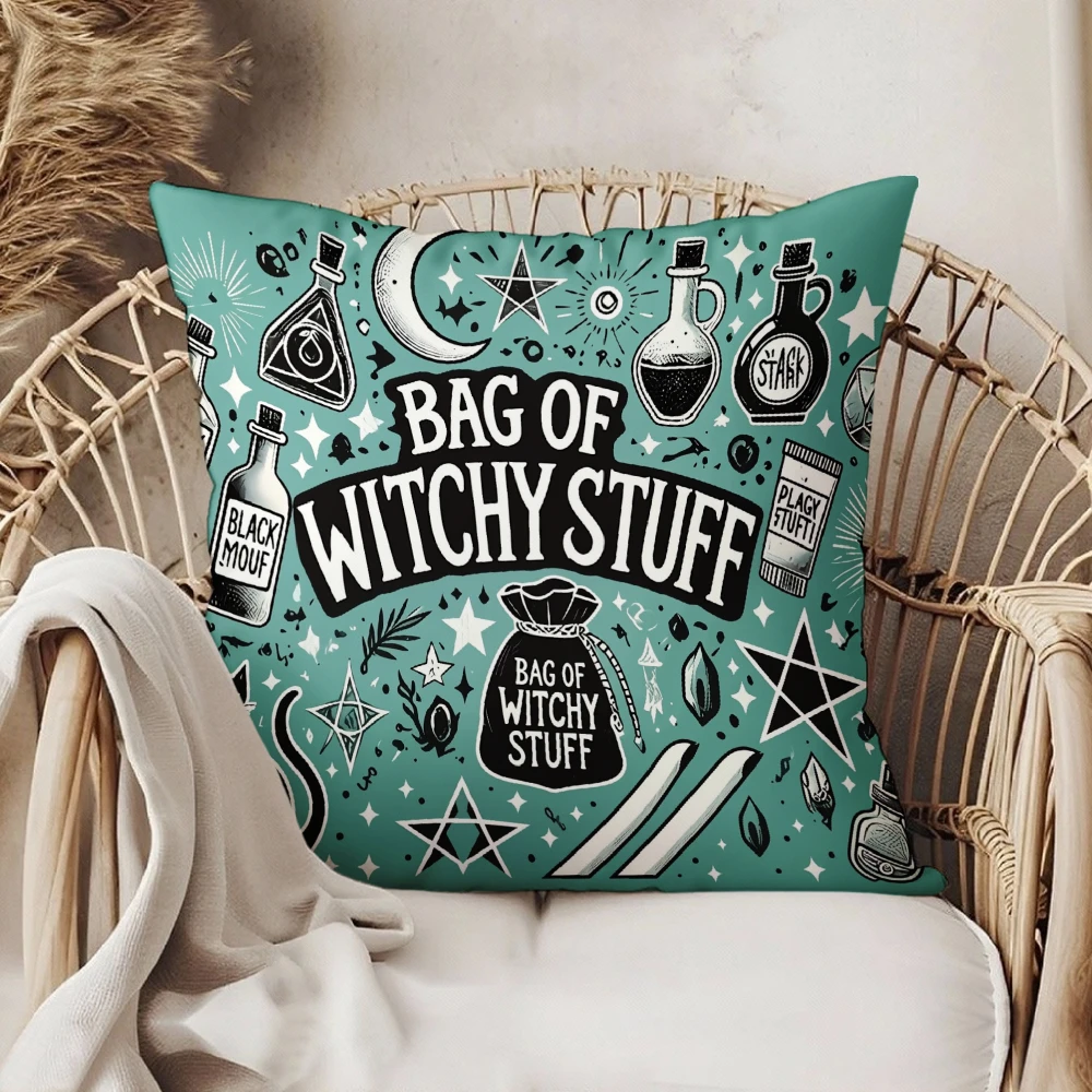 Square Throw Pillow Teal Bag Of Witchy Stuff Print With Magic Bottles Moon Stars And Pentagrams For Halloween Home Decor Living