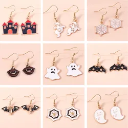 Cartoon Halloween Drop Earrings for Women Enamel Bat Pumpkin Ghost Dangle Hooks Earrings Girls Party Holiday Jewelry Gifts