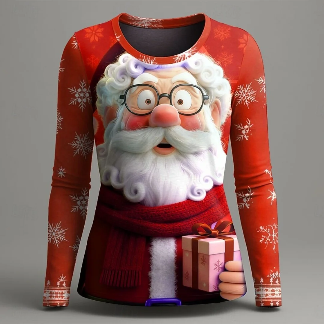 

Fashion Women's Vintage Snowman 3D Print Long Sleeve Christmas Holiday Graphic Top Round Neck Casual Style All Seasons Clothing