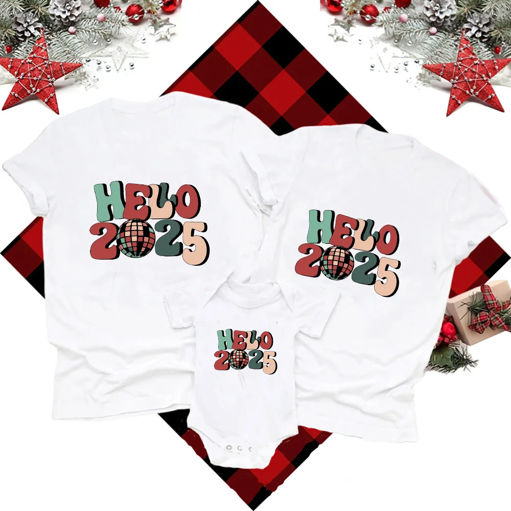 Hello 2025 New Year Family Matching Outfits Happy New Year Dad Mom Kids Shirt Baby Bodysuit Holiday Party Family Clothes