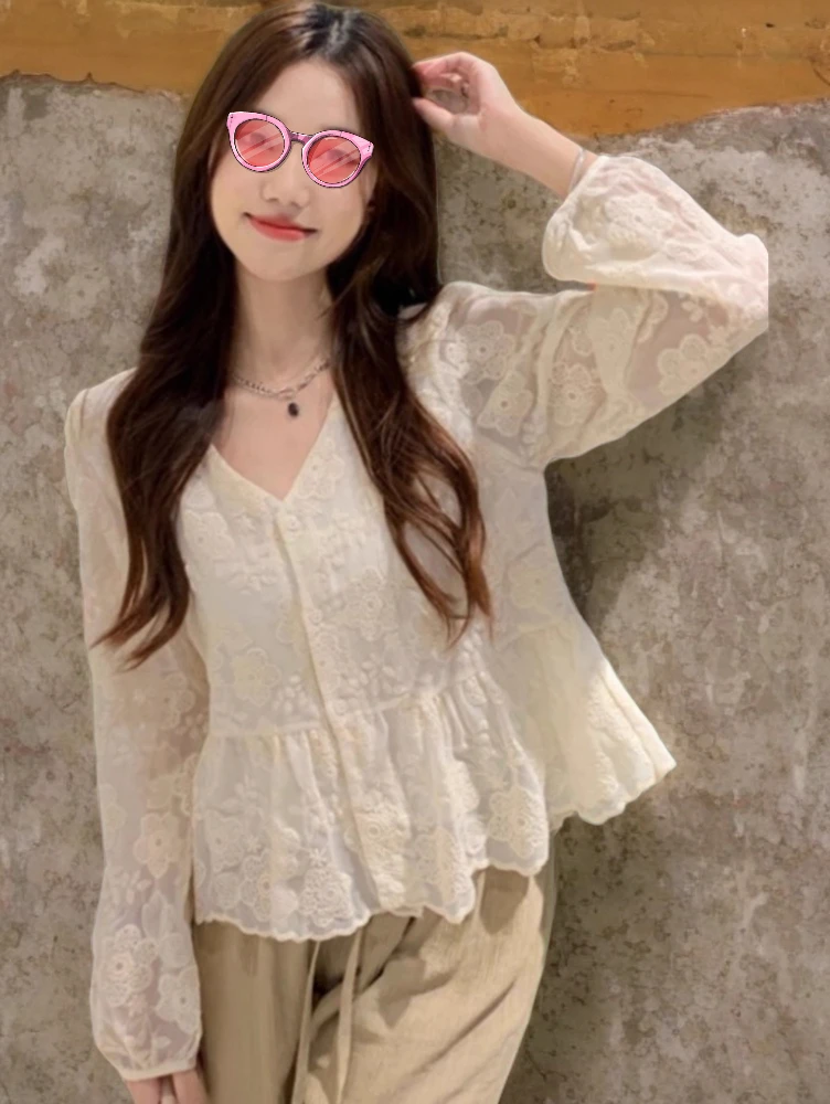 Mori Girl Japan Korea Cute Sweet Embroidery Tops Women FLHJLWOC Preppy Style Date Girls Vintage Peplum Lace Shirts Blouses