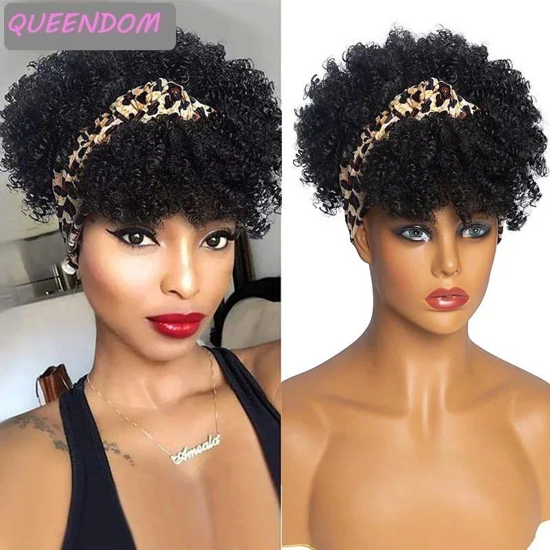 Afro Curly Head Wrap Wig Short Kinky Curly Women's Wigs with Turban Heat Resistant Synthetic Curly Headband Wig Peruca Cosplay