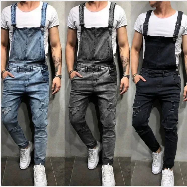 Men Jeans Jumpsuits Denim Overalls Distressed Pockets One Piece Pencil Pants Solid Washed Ankle Length Safari Style Spliced