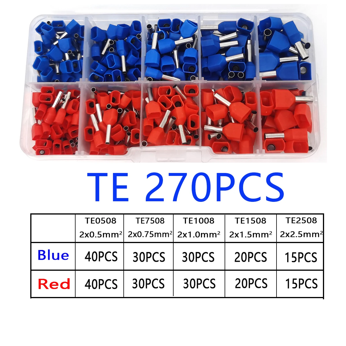 270PCS Boxed Double Wire TE Tubular Wire Terminals， Insulated Electrical Wire Crimping Terminal Connector，Two-wire Connector