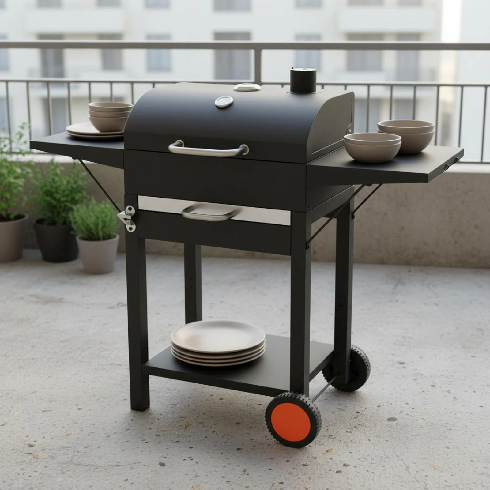 Wheeled Charcoal Barbecue Grill Side Shelves Trolley-Design Charcoal Grill Outdoor Cooking Upper Air Vent Chimney Temperature