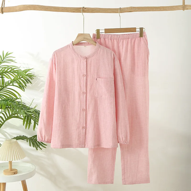 Unisex Japanese Pajama Set for Couple 100% Double Gauze Cotton Soft Breathable Loungewear for Women Men Solid Color Pajamas