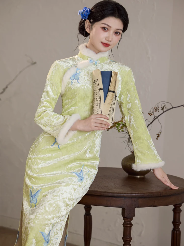 

Утепленное вышитое китайское платье-ципао с длинным рукавом для молодых женщин, осенне-зимнее, винтажное, дышащее, стандартного кроя