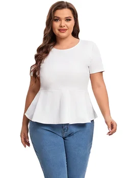 Plus Size Short Sleeve Elegant Summer Peplum Tops Women Keyhole Back Ruffle T-shirt Tee Blouse Plus Size Odzież Damska 5XL 6XL