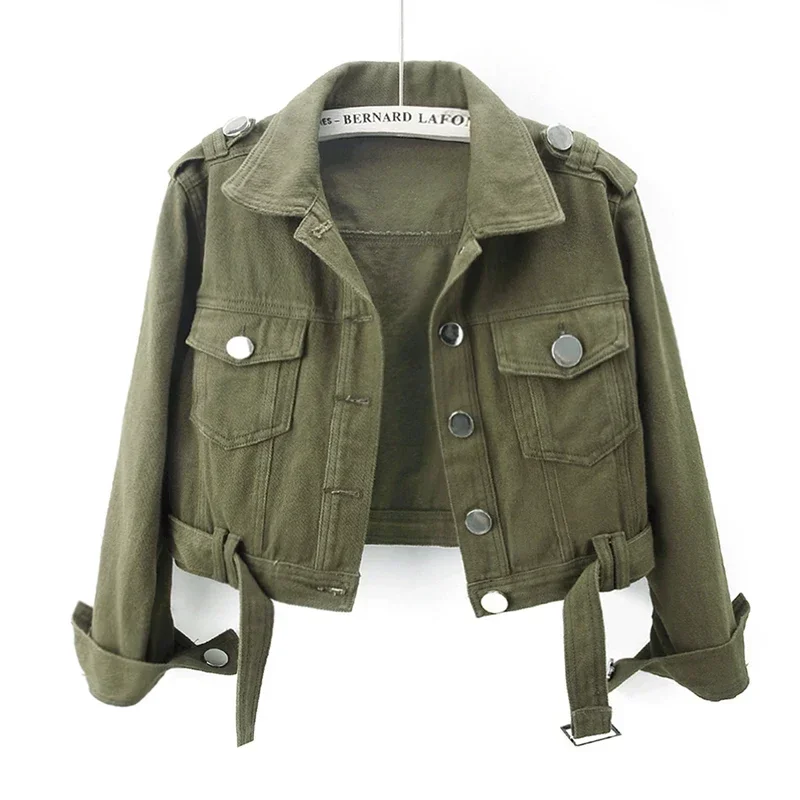 Spring Vintage Army Green Black Khaki Denim Jacket Women Hem Belt Big Pocket Cowboy Outerwear Loose Short Jeans Jackets Female