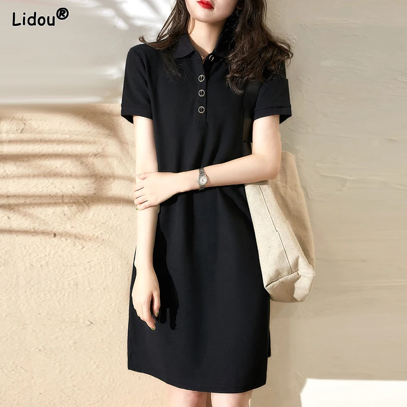 

Women's Clothing Loose Capable Casual Classic Elegant Solid Short Sleeve Turn-down Collar Simplicity Button Knee Skirts Dresses