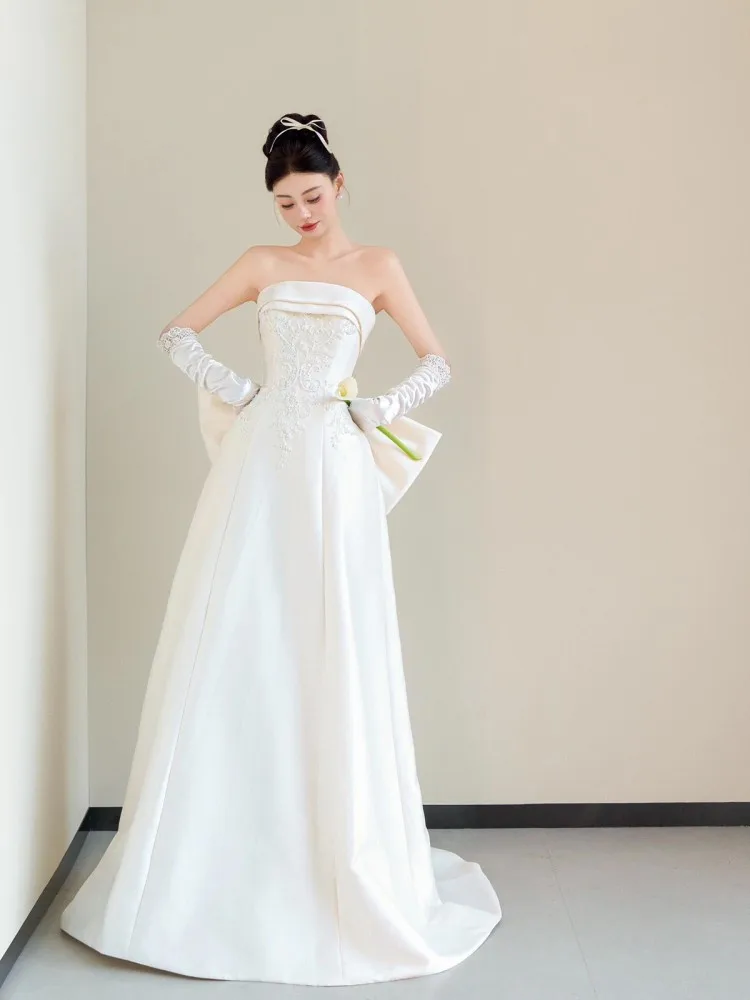 Tube Top Satin New Wedding Veil Simple Elegant White Trailing Dress