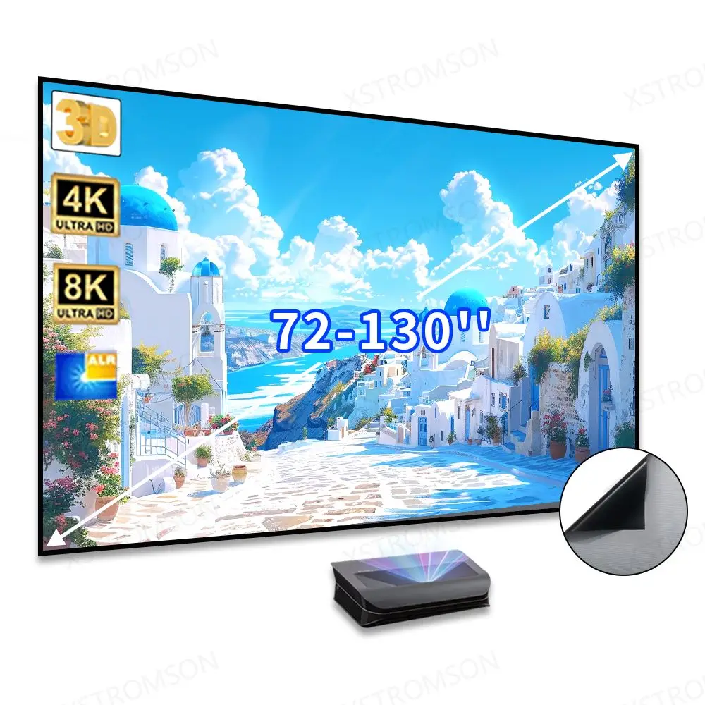 

2024 Newest 16:9 ALR UST Projector Screen 0.6 Gian PET Crystal Fabric Fixed Frame Projector Screen Supported 8K Laser Projection