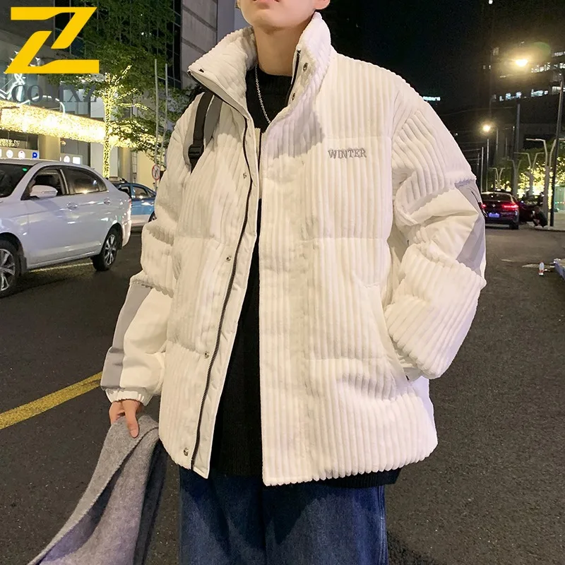 COMXZ Men Parker Coat Warm Lightweight Stand Collar Corduroy Down Jacket Ski Travel Windproof Slim Snow Cotton Padded Jacket