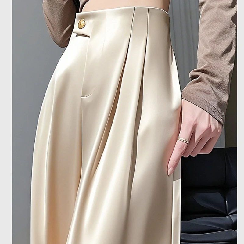 

2025 Spring Summer Women Designer High Waisted Plated Beige Trousers , Fashion Elegant Wide Leg Pants for Woman