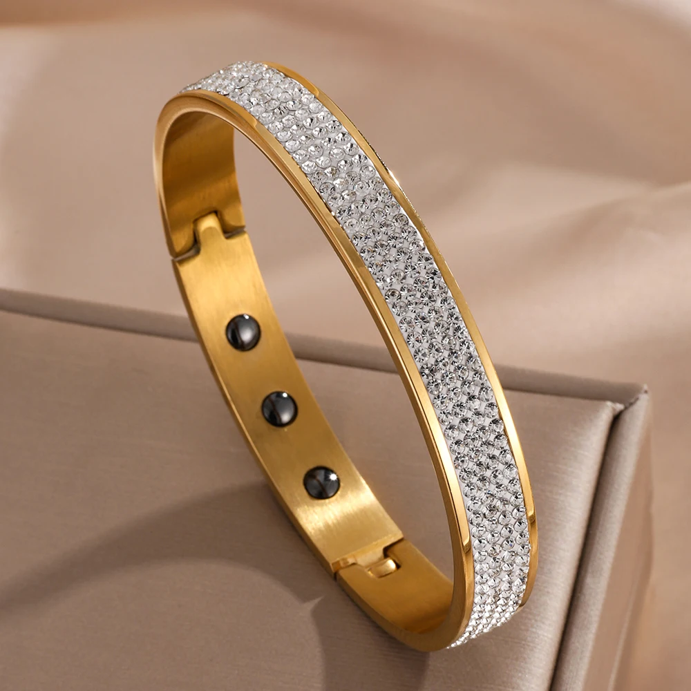 Yupsk 1pcs Crystal Rhinestone Inlaid Stainless Steel Bracelet for Women Gold Rose Gold Silver Color Trendy Stackable Jewelry Gif