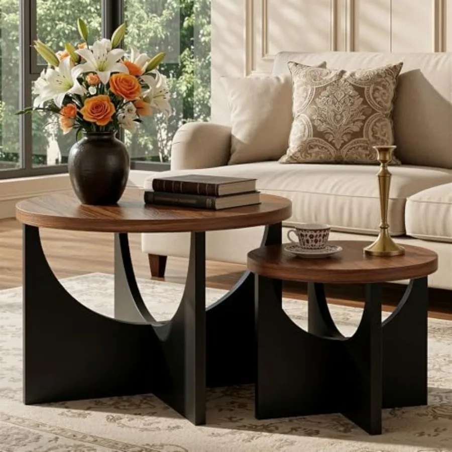 

Nesting Coffee Tables Set of 2 23.6" Small Round Side Tables for Living Room Wooden End Table