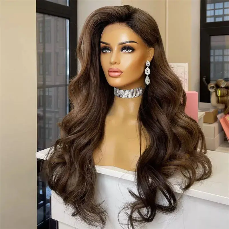 Body Wave Women's Wig Realistic Look Dark Chocolate Brown 13*4 HD Transparent Lace Wigs Costume Woman Elastic Brunette Fibre