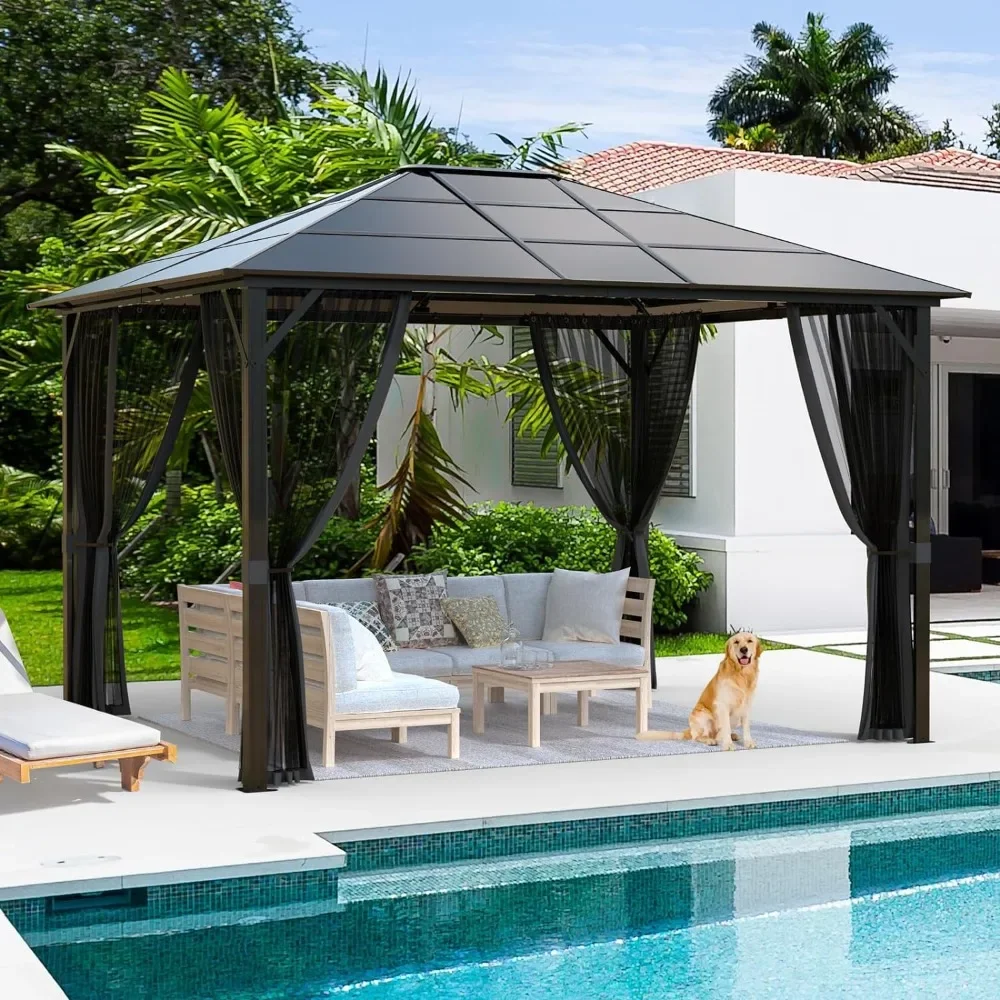 

10x12 Hardtop Gazebo,Heavy Duty Gazebos,Mosquito Netting,Permanent Metal Pavilion Gazebo for Patios,Backyards