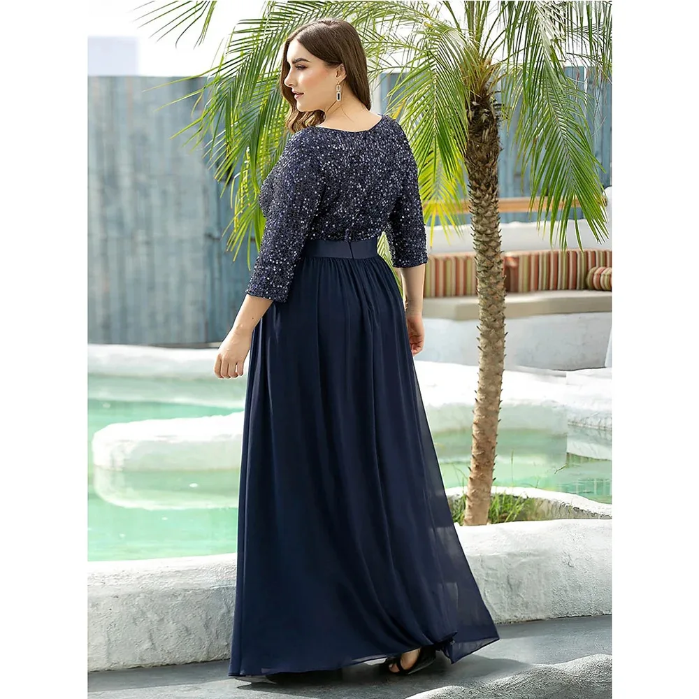 Robe trapèze en tulle pour la mère de la mariée, robe élégante, grande taille, col bijou, longueur au sol, manches 2025, invité de mariage, 3/4