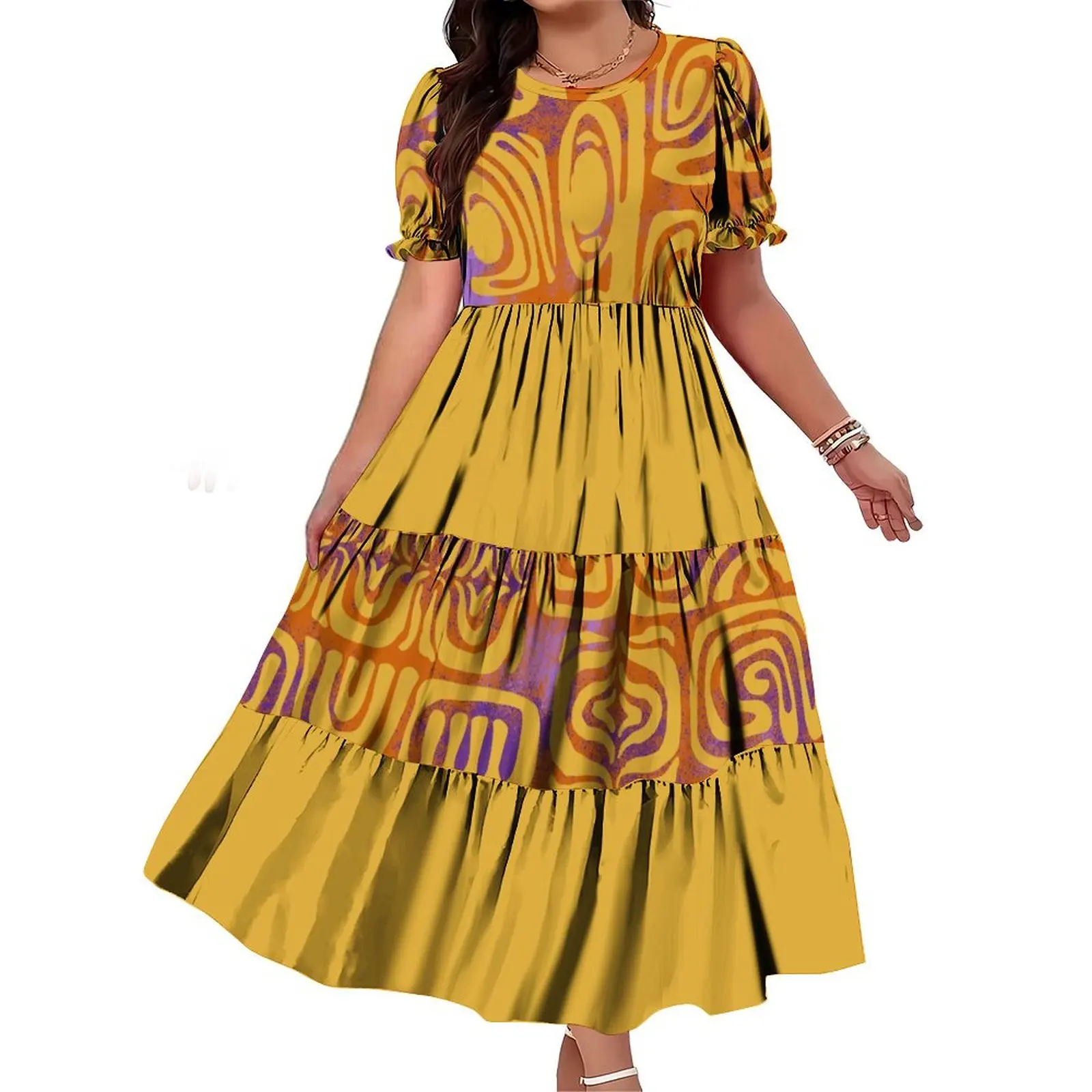 Heißer Verkauf Multi Tiered Kleid Benutzerdefinierte Blase Hülse Design Rot Plissee Kleid Plus Größe Frauen Rundhals Kleid Polynesian Kleider