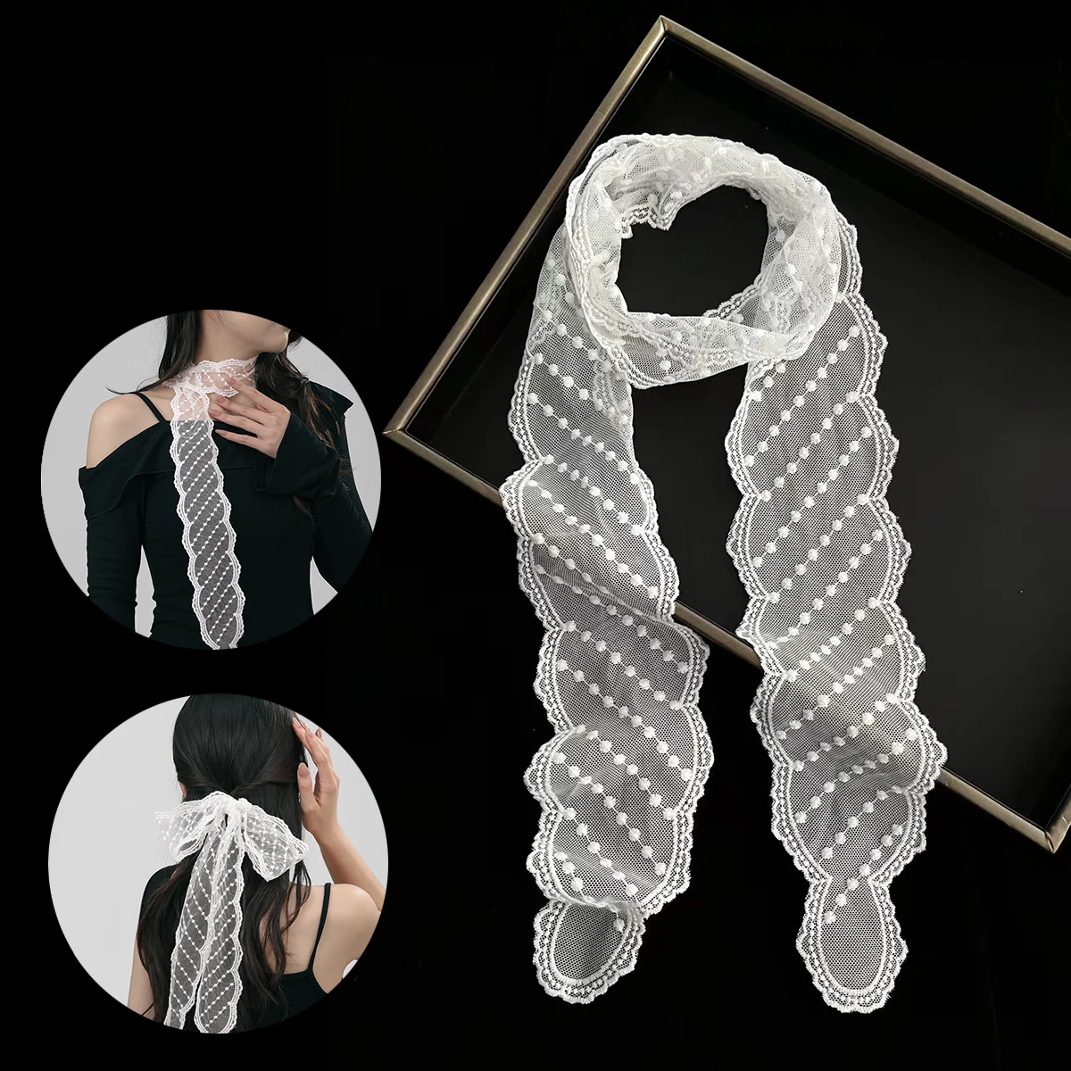 Long Women Lace Floral Hair Scarf Elegant Embroidery Ribbon Scarves Lady Wrist Headbands Skinny Neckerchief Headwear