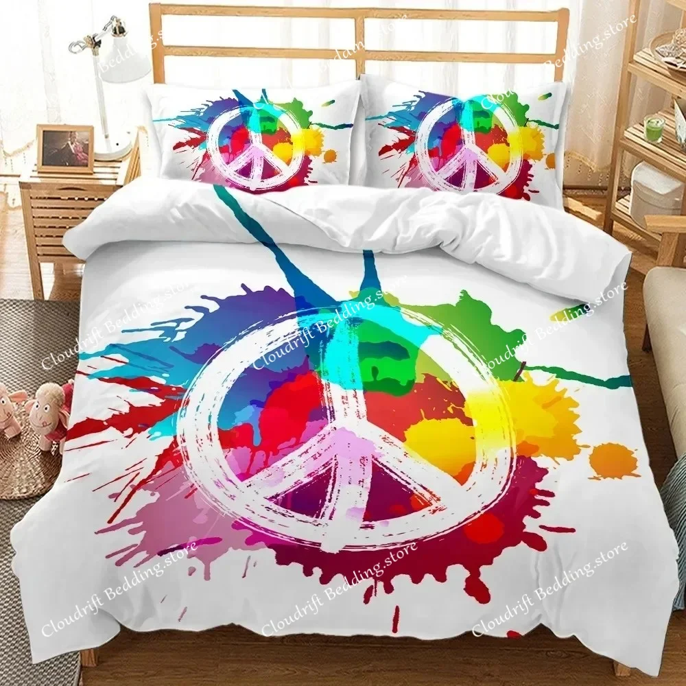 Hippie Peace Art Duvet Cover Set Sign Artwork Bedding Set Comforter Rainbow 3pcs Polyester Quilt Cover for Kids Boys Girls