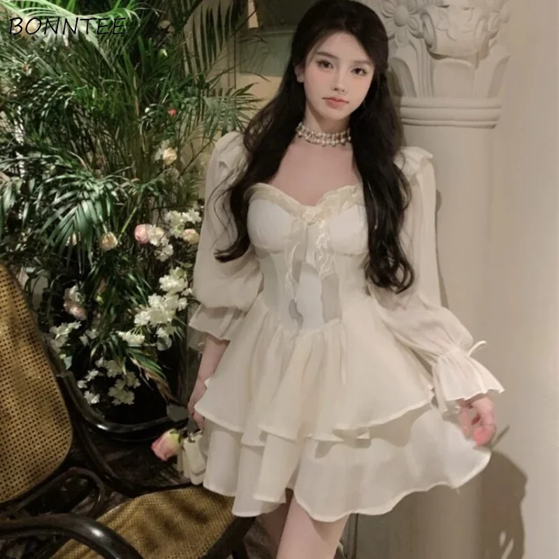 Long Sleeve Dresses Women Ins Princess Gentle Girls Mini Vestidos Off-shoulder Bow Ball Gown Temperament Ruffles Fashion Tender