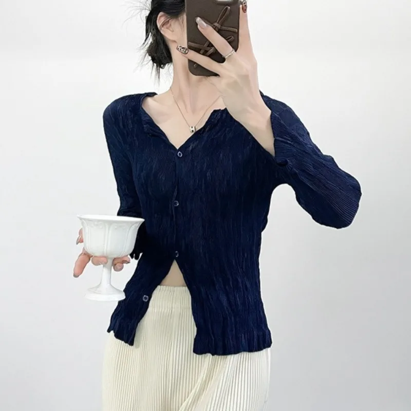  Pleated Wicker Cardigan 2026 Japanese New Women's Long-sleeved T-shirt Tight Stretch Light Semi-transparent Tops Casual