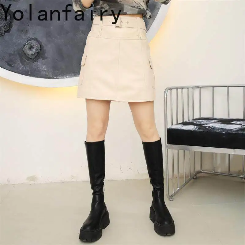 YOLANFAIRY Genuine Sheepskin Cargo Skirt Women 2026 Autumn White High Waist A Line Midi Skirts Real Leather Versatile Half Skirt