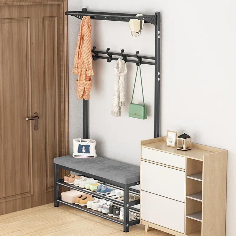 Mobile Coat Rack Shoe Bench Bedroom Metal Hanging Clothes Rack Shoe Bedroom Stool Clothing Home Entryway Furniture