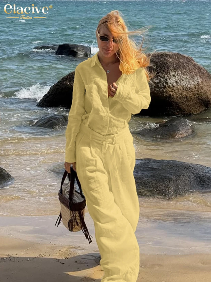 Clacive Fashion Loose Pink Cotton Women 2-Piece Sets Casual Long Sleeve Shirt With High Waist Wide Pants Set Female Streetwear