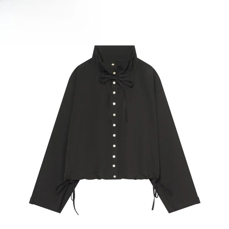 Fashionable Casual Belted Jacket Women's Stylish All-Match Polyester Fiber Long Sleeve Stand Collar Button Closure Coat