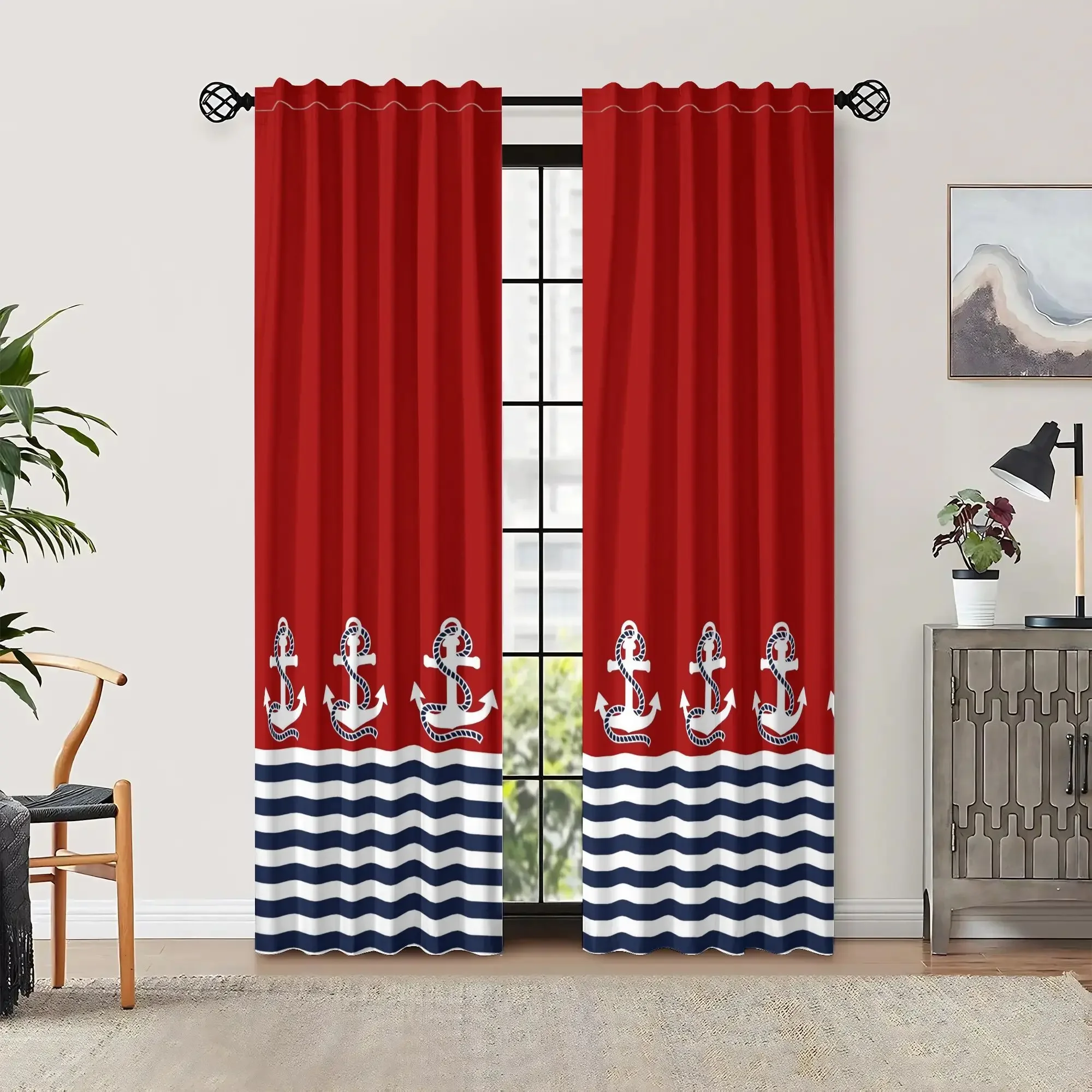 Marine red and white striped pattern Print Drapes Room Darkening Window Curtains Home Decor,Rod Pocket Blackout Curtains Bedroom