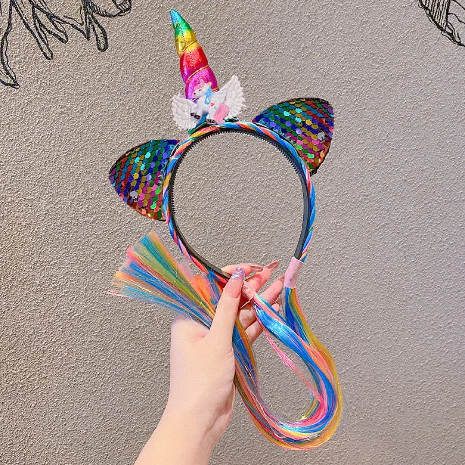 Children Mermaid Hairband Baby Rainbow Unicorn Wig Braid Headband Girl Cartoon Baby Margarine Hairband Girl Birthday Gift